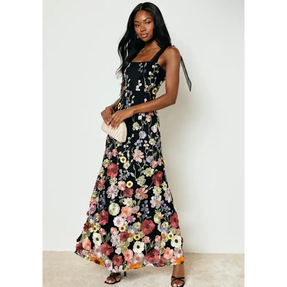 Lulu's Black Midi Dress with Multicolor Floral Appliqué - Picture 3 of 7